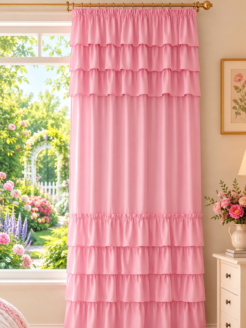 Pink Ruffled Window Curtain Panel-Handmade-New